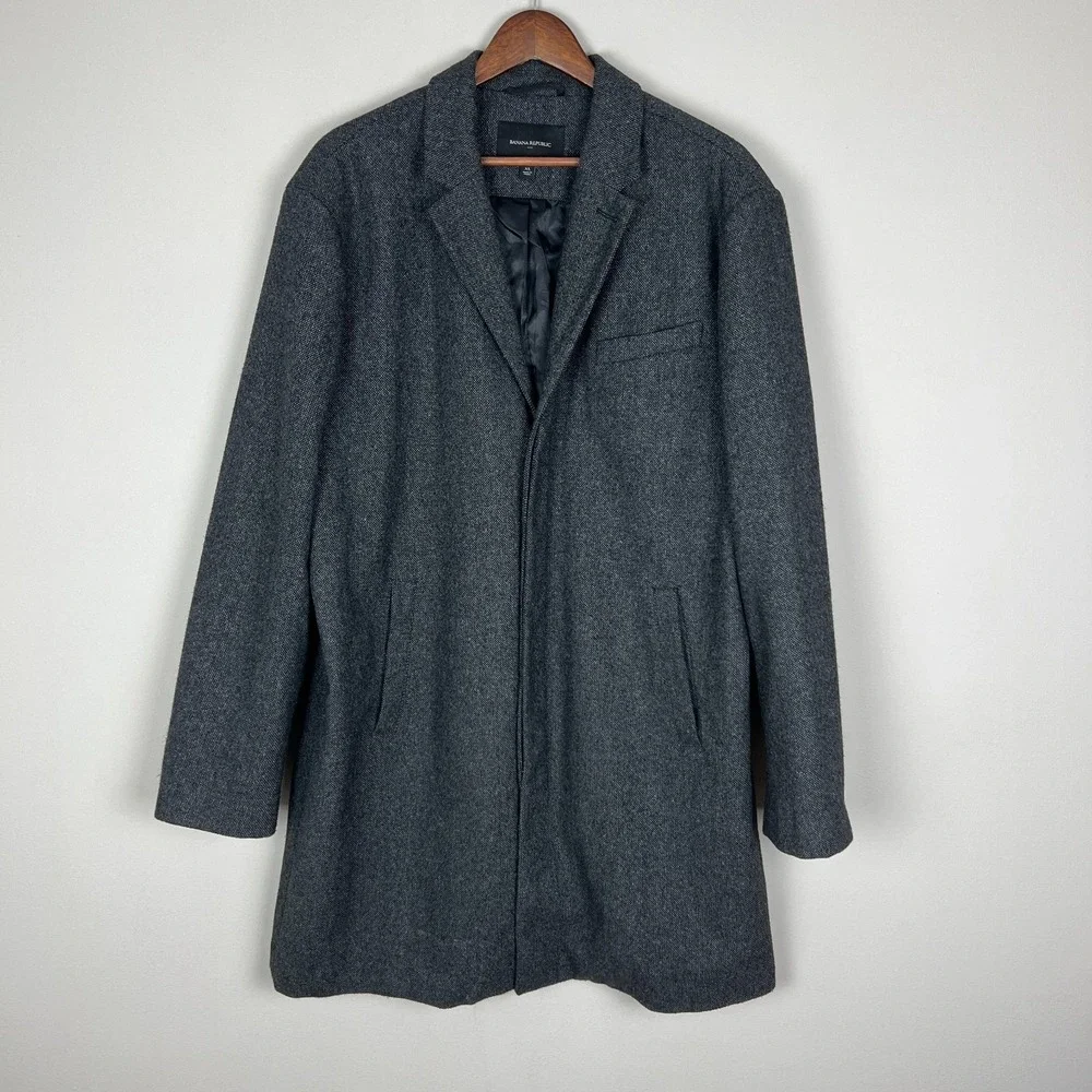 Banana Republic Overcoat Mens XL‎ Gray Top Coat Hidden Buttons Preppy Office